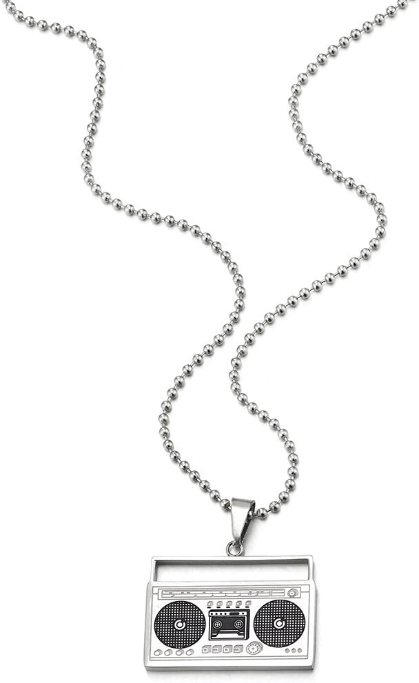 COOLSTEELANDBEYOND Men's Women's Stainless Steel Retro Boombox Pendant Necklace, Hip Hop Ghetto Blaster Jewelry, Vintage Music Lover Accessory, Urban Streetwear Style, Gift for Him - Image 2