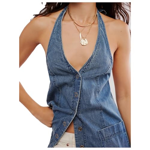 Women Y2K Backless Denim Vest Sexy Button Down Halter Jean Vest Tie Back Sleeveless Denim Corset Tank Top - Main Image