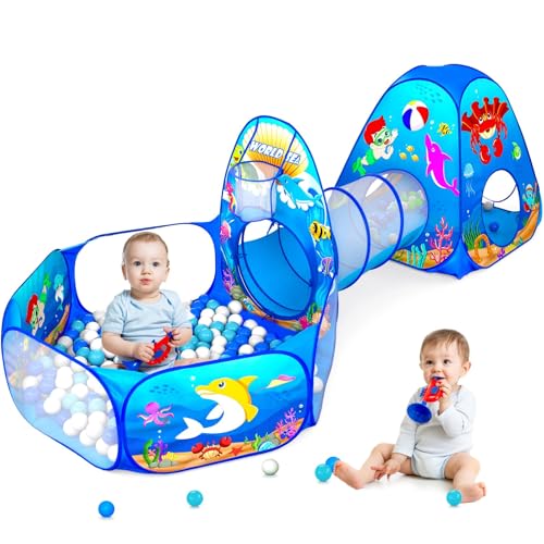 Image of PigPigPen 3 in 1 Kids Play Tent with Play Tunnel, Ball Pit, Basketball Hoop for Boys & Girls, Toddler Pop Up Playhouse Toy for Baby Indoor /Outdoor, Gift for Year Old Child (Ocean 3pc Play Tent)