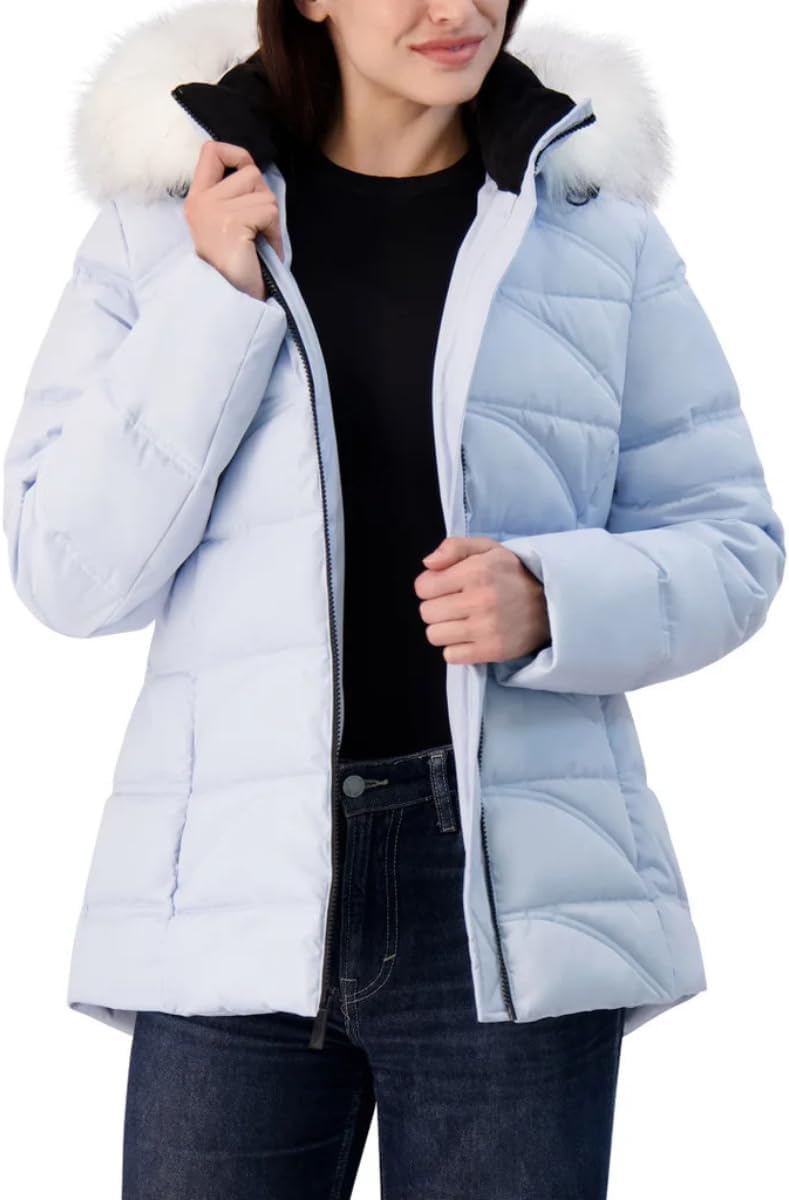 Nautica Women's Short Puffer Coat with Faur Fur Trim Hood