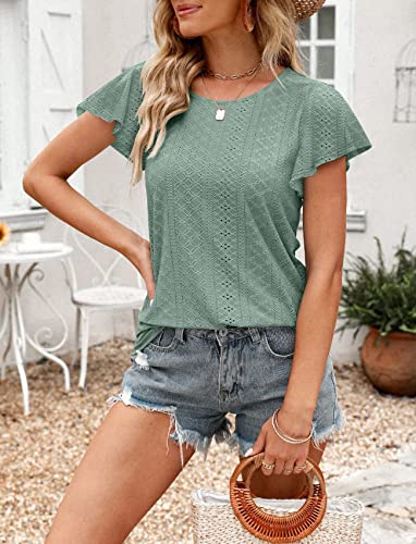 Womens Tops Summer Ruffle Sleeve Crew Neck Tshirts Loose Fit Casual Cute Top Blouses Green #TOP4
