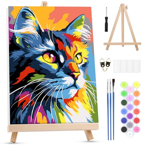 MXJSUA Chat Coloré Peinture Numero Enfant Adulte avec Cadre, Numéro d'art avec Pinceaux, Loisirs Créatifs Adultes, Activité Manuelle Adulte, 20x30cm