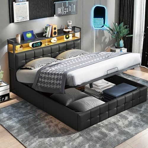 Dormely Lit 140x190 avec Sommier à Lattes, Lit Double Rembourré avec LED et USB, Cadre de lit avec Rangement Hydraulique, 2 palces pour Adulte & Adolescent,...