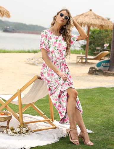 Image of YESNO Women Casual Loose Bohemian Floral Dress with Pockets Short Sleeve Long Maxi Summer Beach Swing Dress EJF