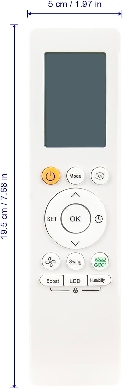 Front view of the remote control with dimensions labeled in centimeters and inches.