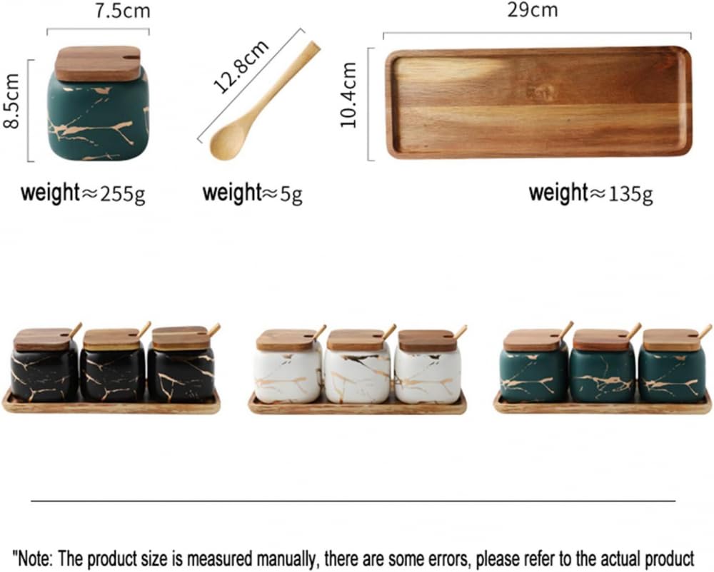 Ceramiczne miski na cukier, słoiki na przyprawy, sól MSG, pieprz, przyprawy, zestaw 3 marmurowych misek na cukier z pokrywkami i łyżkami do serwowania, słoiki o pojemności 300 ml, drewniana taca