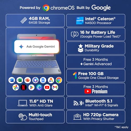 Lenovo Chromebook Intel Celeron N4500 (4GB RAM/64GB eMMC 5.1/11.6 Inch (29.46cm)/HD Display/2Wx2 Stereo Speakers/HD Camera/Chrome OS/Blue/1.21Kg), 82UY0014HA view 2