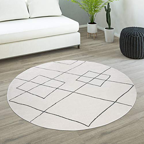 Paco Home Teppich Rund Wohnzimmer Kurzflor Mit Modernem Skandi Rauten Muster Hell, Grösse:200 cm Rund, Farbe:Weiß