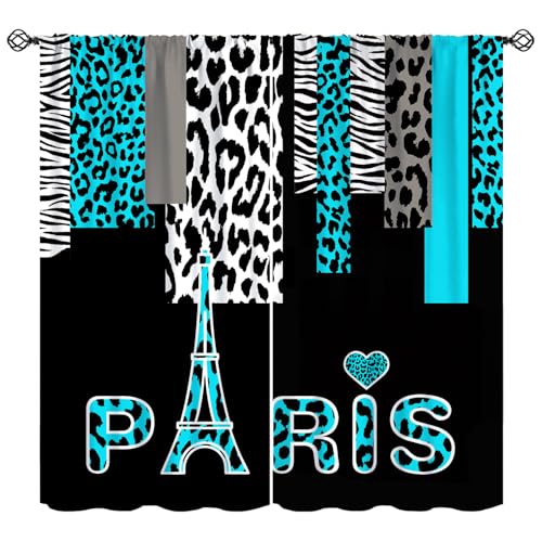 KANEPE Paris Eiffel Tower Curtains, Bright Blue Grey Wild Animal Zebra Leopard Print Window Treatments, Rod Pocket Thermal Insulated Drapes 2 Panel Sets for Bedroom Living Room, 42