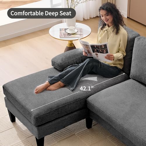 Image of 98 inch Sectional Couches for Living Room, U Shaped Couch with 18 inch Seat Height, 4 Seater Couch Set with Double Chaise for Apartment, Living Room Sofas, Chenille, Dark Grey
