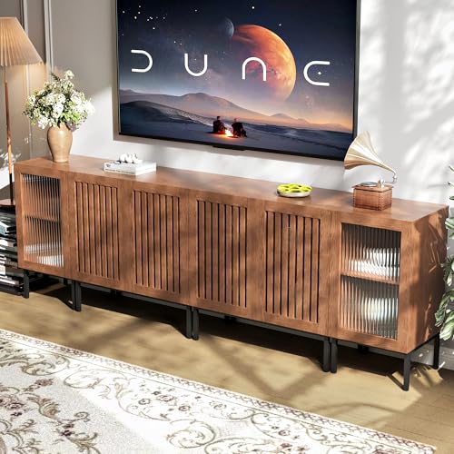 BVIUNTWO-Farmhouse-TV-Stand-for-TVs-up-to-100-Inch-Entertainment-Center-TV-Console-with-Storage-Cabinets-and-Glass-DoorsMedia-Console-for-Living-RoomBrown