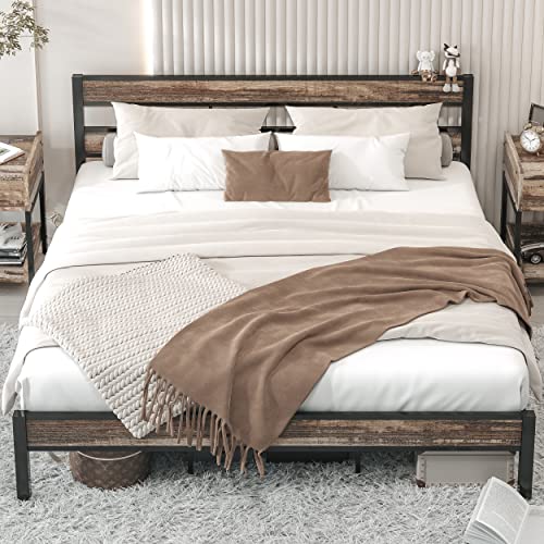 LIKIMIO California King Bed Frame wtih Headboard, Easy Assembly, Noise-Free, No Box Spring Needed, Heavy Strong Metal Support Frames, Rustic Brown