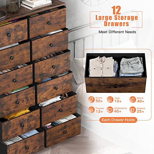 Enhomee Tall Dressers For Bedroom, 12 Drawer Dresser With Wooden Top And Metal Frame, Fabric Dresser & Chest Of Drawers For Bedroom Closet Living Room, Rustic Brown, 11.8" D X 34.7" W X 52.4" H #TOP2