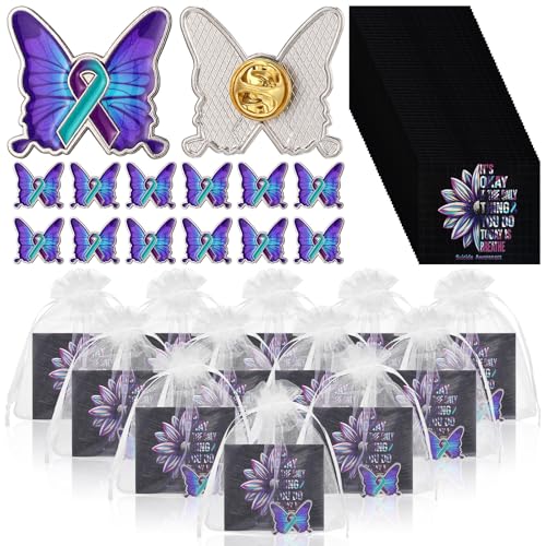 Juexica 50 Sets Suicide Awareness Favors Butterfly with Ribbon Brooch Suicide Prevention Awareness Lapel Pins Favor with Motivational Cards Organza Bags for Women Men Party Favor Supplies