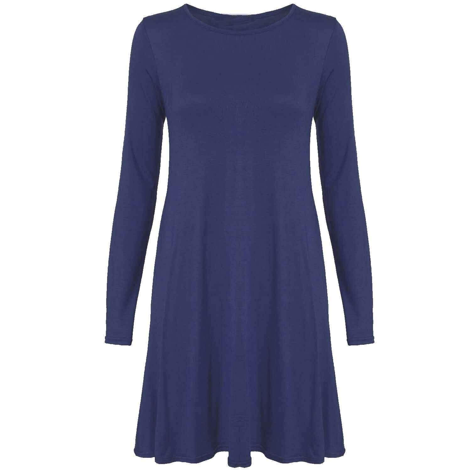 Wearall Women's Navy Plus Size Plain Long Sleeve Stretch Swing Dress Top - 24-26