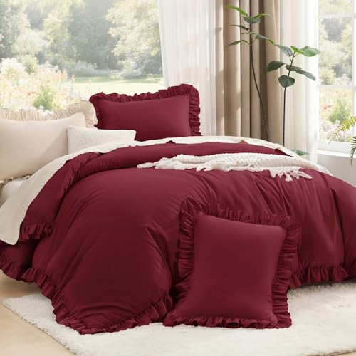 Image of Litanika Burgundy Twin Size Comforter Sets, 2 Pieces Ruffle Farmhouse Aesthetic Bedding Comforter Sets, All Season Soft Lightweight Fluffy Microfiber Bed Set(66x90In Comforter, 1 Pillowcase)