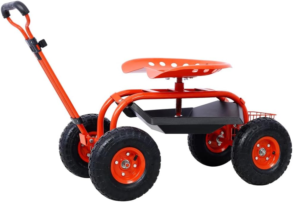 Ergonomic Rolling Garden Scooter with 360-Degree Swivel Seat, Built-in Tool Tray, and All-Terrain Wheels for Outdoor Use (Red + Steel)