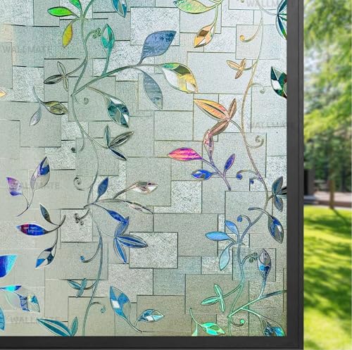 Image of WALLMATE Window Privacy Film Frosted Vinyl Glass Covering, UV Blocking, Non-Adhesive, No-Glue, for Bathroom Living Room Office,(12x66 Inch, Rainbow Leaf)