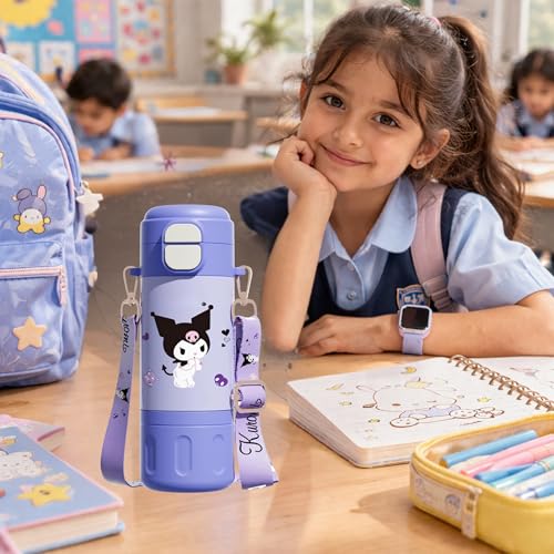 Image of Kids Premium Water Bottle with Straw & Spout | Stainless Steel Water Bottle & Leak-Proof Flip Lid | Portable & Durable Design for School & Travel (480ml) (Purple)