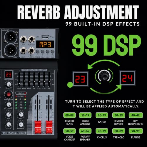 Image of Dabeatz MX06 6 Channel Audio Mixer with 6xXLR /6.35mm Inputs, Bluetooth, USB /PC /MP3 Playback, 99 DSP Effects, 7-Band EQ, Mute, Recording, +48V Phantom Power - DJ, Karaoke, Studio & Live Sound