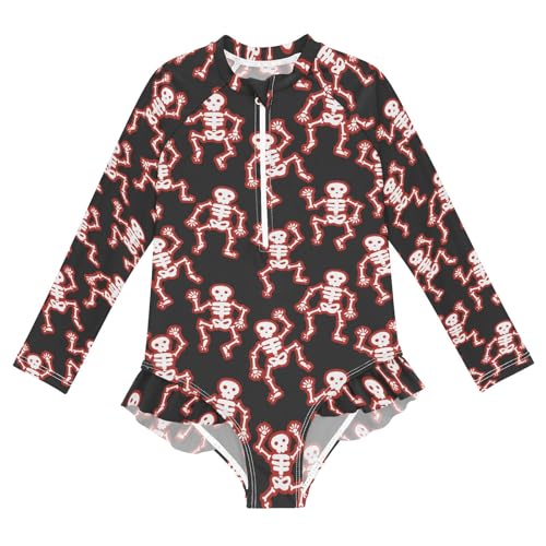 Funny Red Skulls Girls One Piece Rash Guard Swimsuit, Girls Long Sleeve Swimwear for 3-12Y