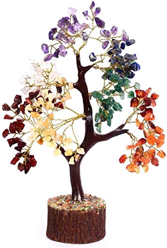 Shawn Seven Chakra Natural Healing Gemstone Bonsai Fortune Money Tree For Good Luck, Wealth & Prosperity Office Decor Spiritual Gift (With Golden Wire And 300 Beads) Size 10-12 Inches, Golden,Natural #TOP1