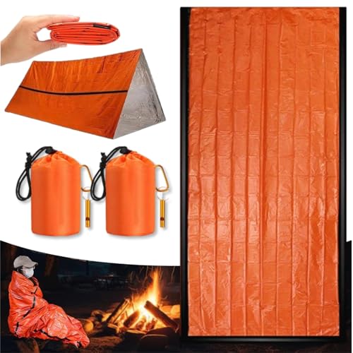 Emergency Sleeping Bag with Whistle, Portable Emergency Survival Bag, Lightweight Pocket Size Emergency Sleeping Bag, Waterproof Thermal Bivy Sack for Camping, Hiking (2)