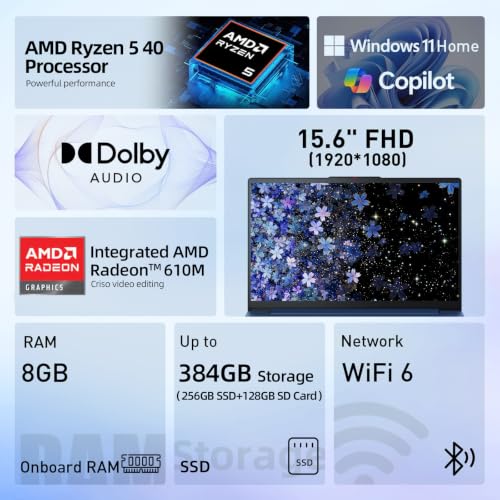 Image of Lenovo IdeaPad 15.6 inch FHD Laptop, AMD Ryzen 5, AMD Radeon Graphics | 8GB RAM, 384GB Storage(256GB SSD + 128GB SD Card), Wi-Fi 6, HD Webcam, Dolby Audio, USB Type-C, Windows 11 Home
