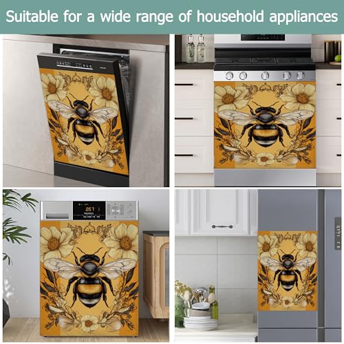 Image of Bee Dishwasher Covers for The Front Magnetic,Yellow Flower Refrigerator Magnets Decoration,Reusable Dishwasher Cover Panel for Home Kitchen Decor 23x26 Inch