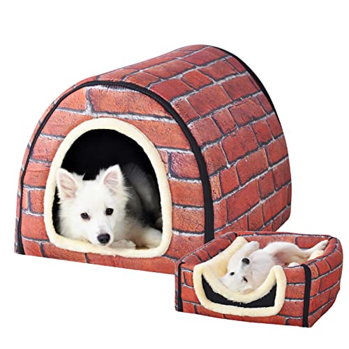 Image of Dog Bed or Cat Bed,2 Ways to Use,Indoor Pet House with Fluffy Mat,Removable and Washable Cover,Splash-Proof House and Non-Slip Bottom,for Medium Dogs and Cats(L Brick)