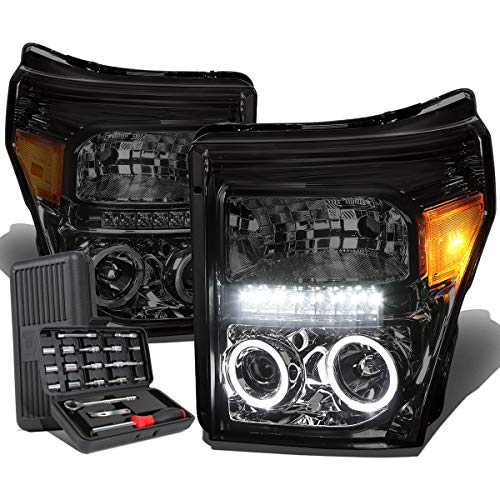 LED DRL Dual Halo Smoked Amber Corner Projector Headlight+Tool Kit Compatible with Ford F-250-550 Super Duty 11-16