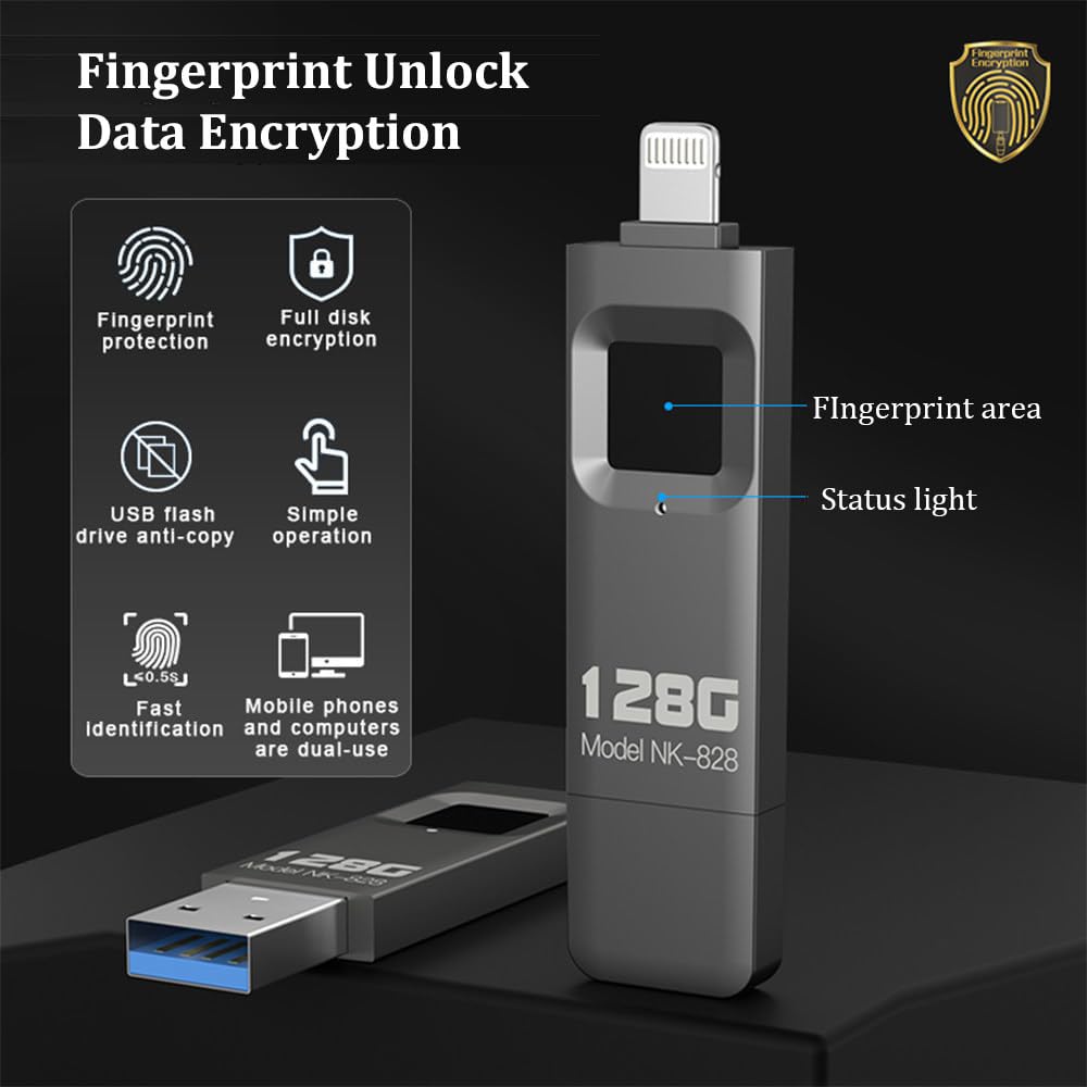 Cle USB Fingerprint 128GO, Memoria USB con Huella Dactilar Cifrada, para Teléfonos Móviles, Ordenadores, Pc Y Portátiles, Admite 60 Huellas Dactilares