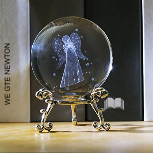 Vskikris 3D Crystal Ball With Angel Figurines Glass Balls With Stand 3D Crystal Sphere Paperweight Gifts #TOP6
