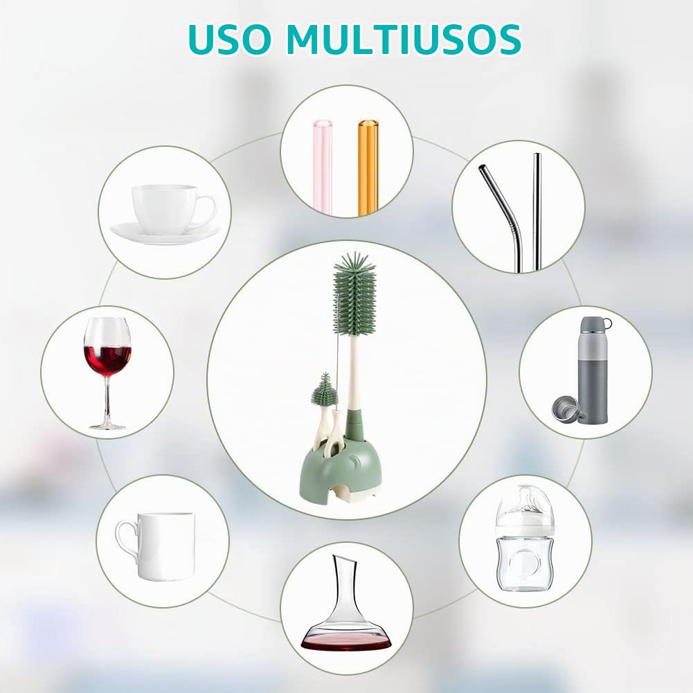 Vicloon Cepillo para Biberones, Cepillo de Silicona para Botella con Soporte de Almacenamiento, Cepillo de Pezón Limpieza de Botellas para Bebés Kit para Botellas y Tetina(Verde)