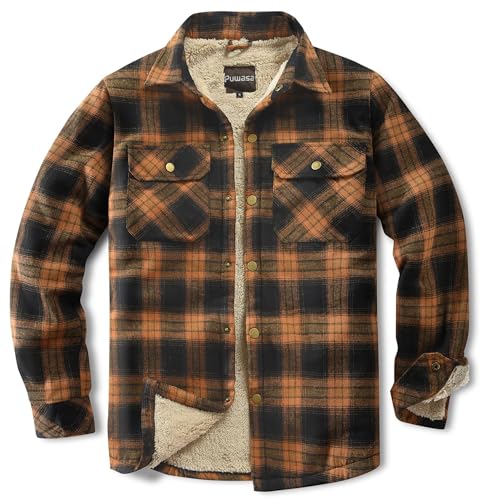 Puwasa Men's Sherpa Lined Cotton Flannel Shirt Jacket Plaid Button Up Jacket Coat for Men with Pocket Orange Large