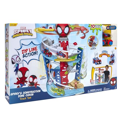 Image of Jazwares Marvel Spidey and His Amazing Friends Construction Zone Chaos Track Set - 2-Foot High Dual Race Track with Zip Line, Play Zones, and Exclusive Vehicles