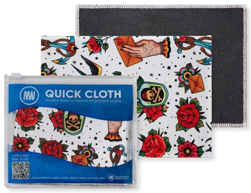 Quick Cloth Microfiber Glasses Cleaning Cloths – 5x7, Tattoo, 2 Pack with Case | Double-Sided Lens Cleaner for Eyeglasses, Camera, Screens & Glass | Reusable Microfiber Glass Polishing Cloths