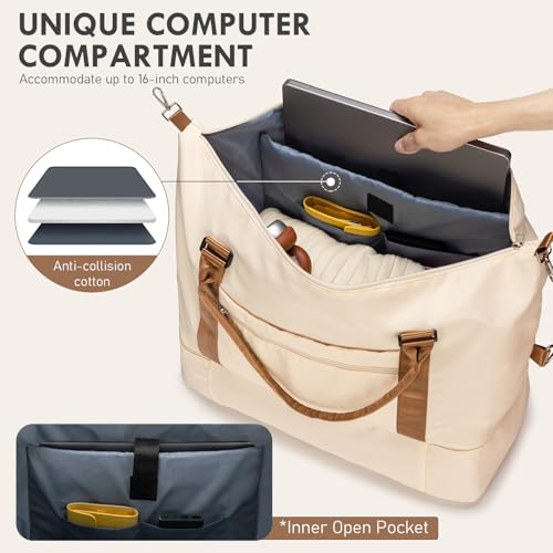 WOOMADA Weekender Bag for Women,Travel Carry On Bag with Shoe Compartment, Hospital Mom Bag for Labor and Delivery, Overnight Travel Duffle Bag with Toiletry Bag(beige&brown)3