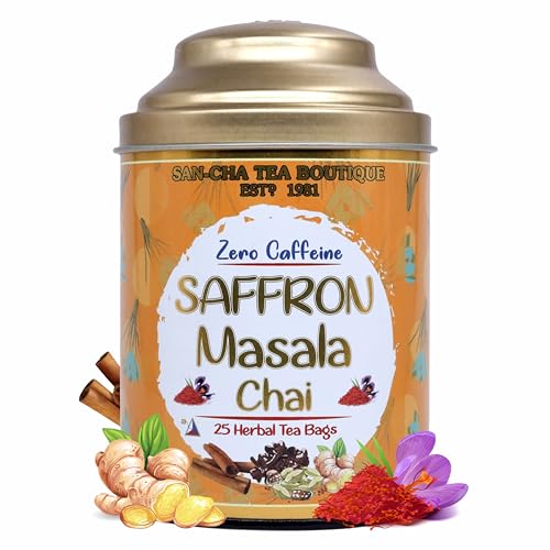 Image of Sancha Tea Boutique, Saffron Masala Chai, Caffeine Free Herbal Tisane, 25 Pyramid Bags, Kesar Chai without Caffeine, Real Kashmir Saffron Blend