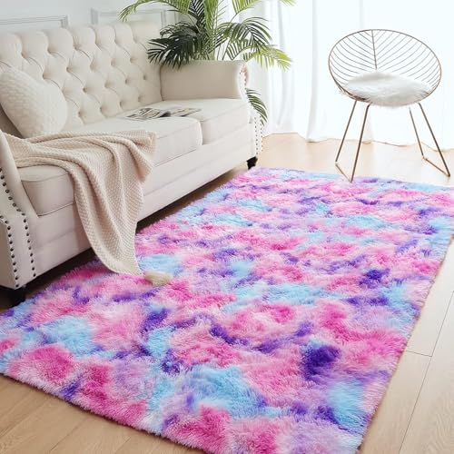 image for AROGAN Soft Rainbow Area Rugs for Girls Room, Fluffy Girls Bedroom Rug