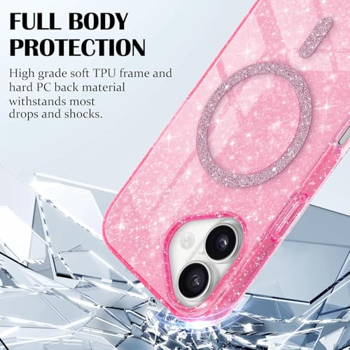 Image of mobistyle Magnetic for iPhone 16 Case, Clear Crystal Glitter 16 Phone Case Compatible with Mag-Safe, Shockproof Sparkly Cute Women Girl Cover for iPhone 16, Hot Pink Glitter
