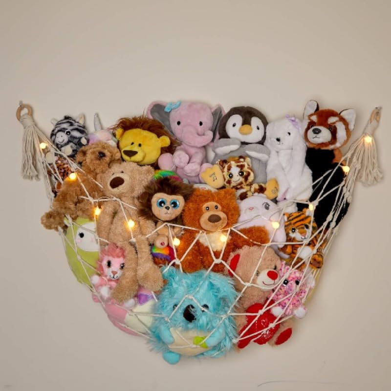 Stuffed Animal Storage Macrame Hammock w/String Lights for Flat Walls - Large, 2 Pack - Boho Decor Toy Storage - Hanging Plushie Stuffed Animal Net Organizer (White)