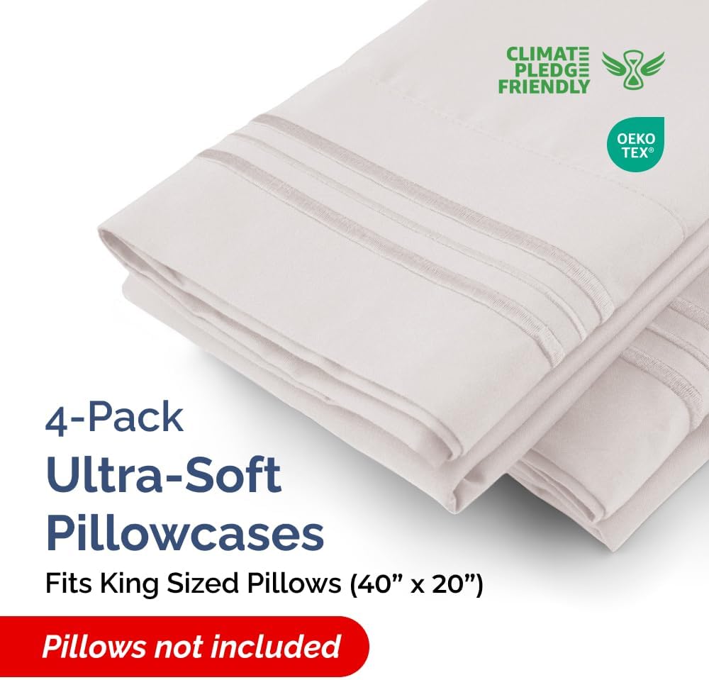 King Pillow Cases Set of 4 - Ultra Soft Hotel Quality Pillowcase Covers - Comfy, Cozy & Wrinkle Free - Shrinkage, Stain & Fade Resistant - Machine Washable Pillow Protectors - 4 Piece Set - Light Grey
