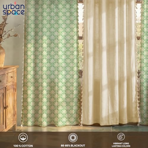 Image of Urban Space Printed 100% Cotton Curtains for Long Door, Combo Set of 3 Curtains 8 Feet, Tieback & Eyelets Included with Curtains for Home Decor (Amaya sage Green and Aura Beige, 8 Feet)