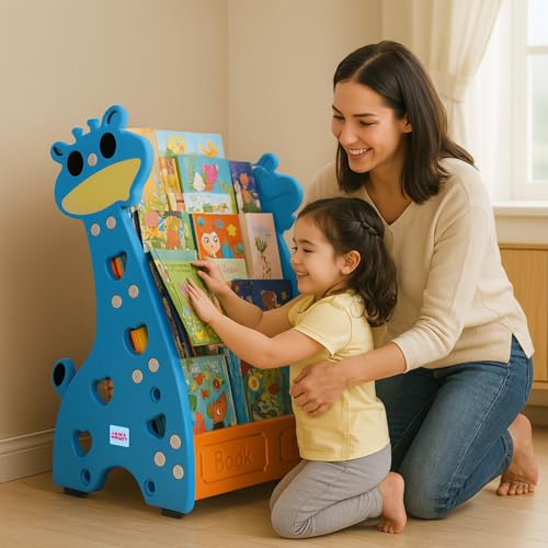 Image of Amazon Brand - Jam & Honey Animal Theme Bookshelf for Kids|4-Tier Display Rack |Storage|Organizing|Kids Bookcase|Perfect for Home,Play-Schools,Nursery|Easy Assembly| Compact|Plastic,Blue Orange