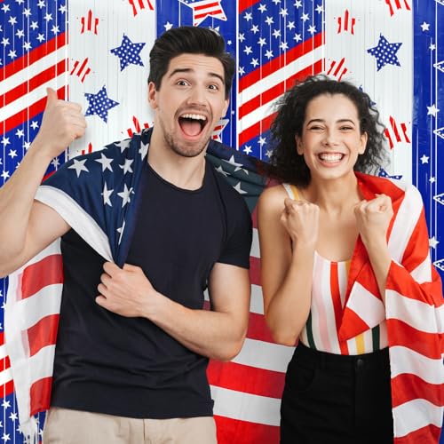 Image of Veterans Day Decorations 3 Pack 3.3 x 6.6 ft Red White Blue Foil Fringe Curtains Veterans Day Backdrop Patriotic Photo Backdrop Streamer for Independence Days Memorial USA Labor Party