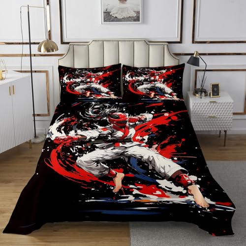 Castle Fairy Taekwondo Bedspread Set King Size for Kids,Boys Girls Watercolor Quilt Set Kungfu Coverlet Japanese Sports Bedspread 3 Piece Decorative Bedding Quilted with 2 Pillow Shams