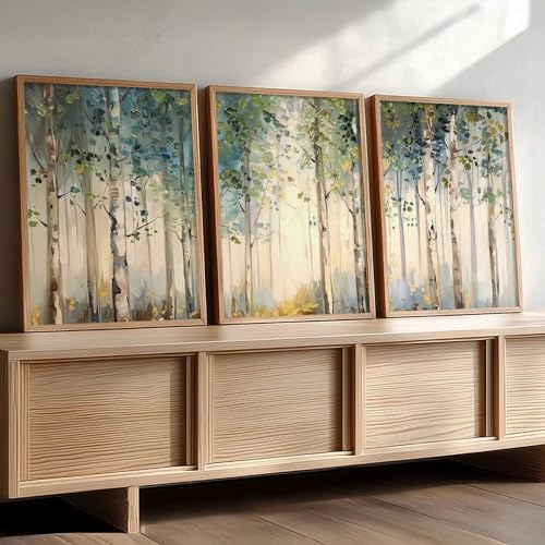 Image of kotart Abstract Nature Art Framed Paintings | Big Aesthetic Forest View Painting | Vastu Frames for Bedroom Living Room Wall Decor Set Of 3 (35x37 Inch)
