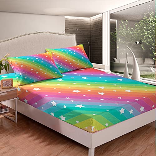 Loussiesd Kinder M?dchen Spannbettlaken 140x200cm Regenbogen Sterne Drucken Kleinkind Frauen Bunt Streifen Bettlaken Set Farbstreifen Dekorativ Spannbetttuch Atmungsaktiv Mikrofaser - Image 4