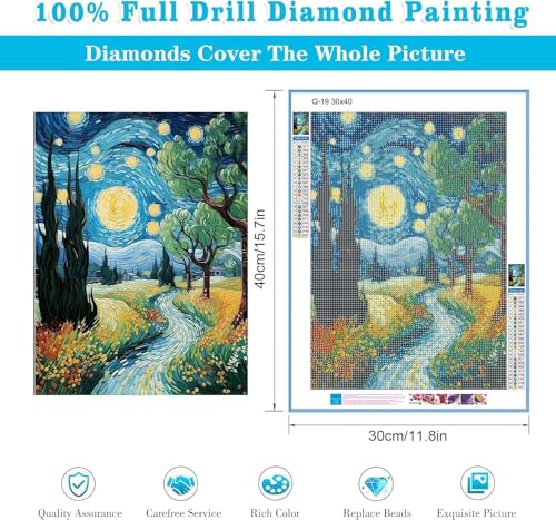 Image of Jasol Diamond Painting Kit, 40x30 Cms, Full Drill, 5D Crystals, Home Wall Decor Gift Set (The Starry Night M45623)